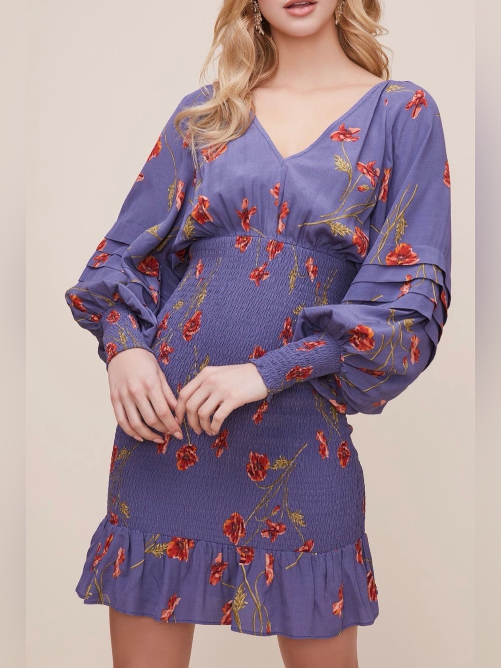 ASTR the Label Dolman Smocked Long Sleeve Minidress - size small